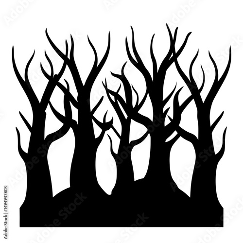 Silhouette of bare trees in a forest, creating a spooky ambiance