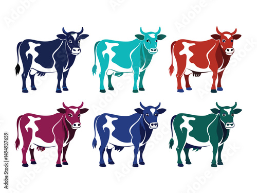 Six colorful cows collection farm animals illustration
