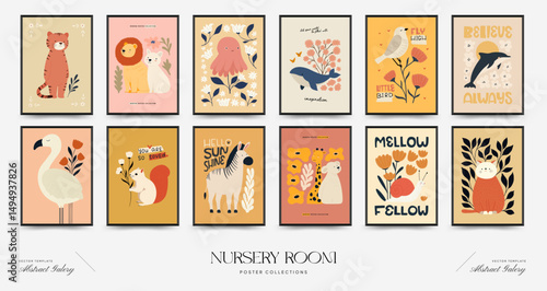 Abstract Childrens Room posters template. Modern trendy Kids minimal style. Hand drawn design for wallpaper, wall decor, print, postcard, cover, template, banner.