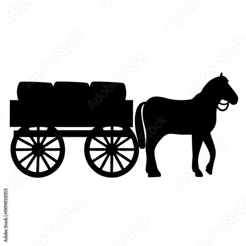 Silhouette of horse pulling a loaded wooden wagon filled with goods