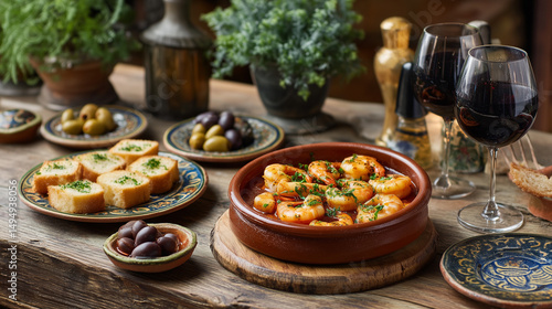 Gambas al ajillo in a clay dish surrounded by small tapas plates, olives, and red wine, festive Spanish dining atmosphere