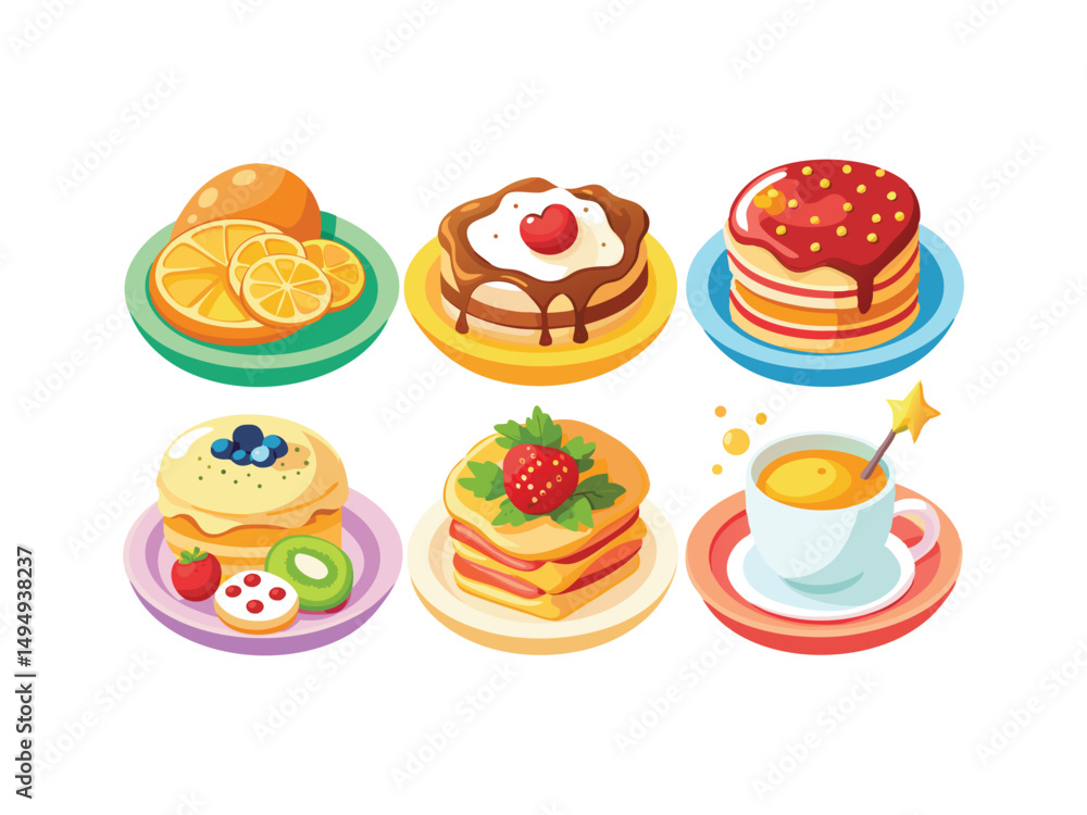 Delicious cakes pancakes and orange slices on plates
Delicious cakes pancakes and orange slices on plates