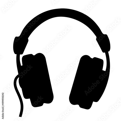 Black silhouette of headphones with a visible cord against white background
