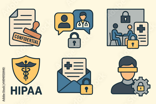 Hipaa and privacy linear icons set – flat, medical compliance symbols