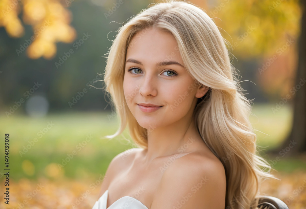 Fototapeta premium Charming Blonde Woman with Natural Makeup and Wavy Hair in Autumn Setting