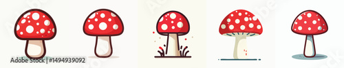 Cute Red Toadstool Mushrooms Clipart – Flat Cartoon Vector Isolated on White Background