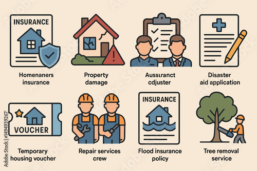 Home and property insurance solid icons set – flat, claims, disaster protection graphics