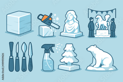 Ice sculpture flat icons set – carving, winter art, festival symbols