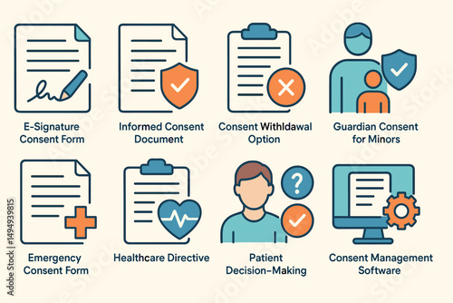 Healthcare and consent outline icons set – flat, medical, legal agreement symbols