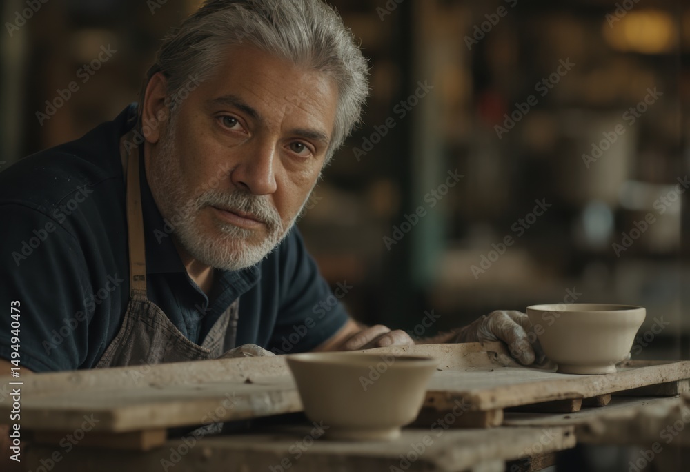Skilled potter focused on creating beautiful ceramic bowls in his workshop Skilled potter focused on creating beautiful ceramic bowls in his workshop
