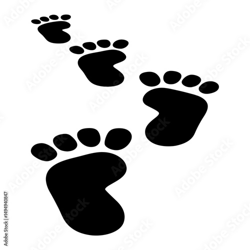 Black footprints of baby indicating walking path and growth symbol on white