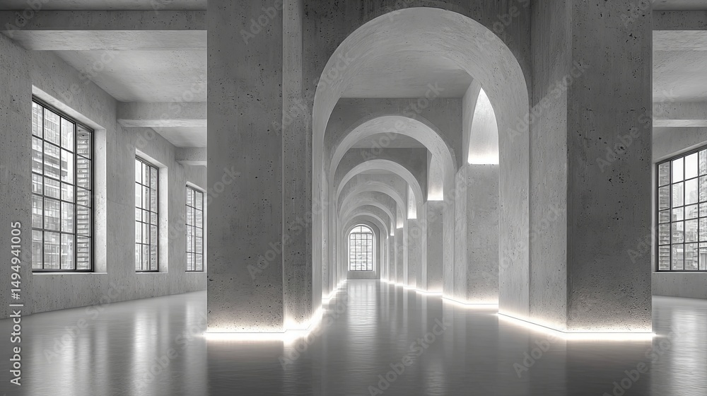 Obraz premium Minimalist architectural interior with tall concrete columns and soft natural light from large windows, featuring clean lines and a monochromatic modern space design