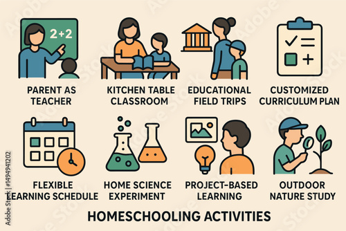 Homeschooling and education flat icons set – learning, curriculum, teaching symbols