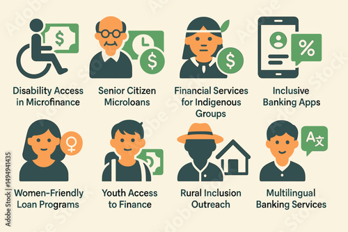 Inclusive finance filled icons set – accessibility, diverse banking solutions
