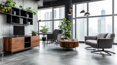 Modern urban living room interior design with wooden furniture.