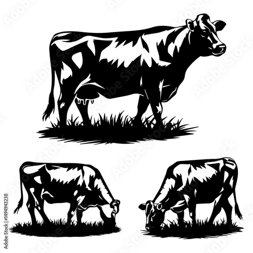 Set of black cow and calf silhouettes in various poses and profiles, isolated on white background. Ideal for farming, livestock, or agricultural design themes.