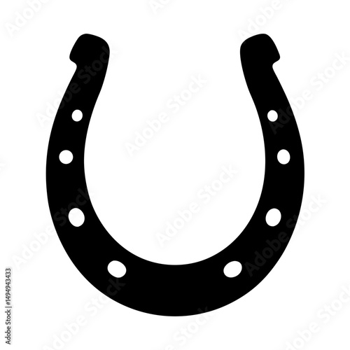 Isolated black horseshoe with nail holes on white background symbol for luck