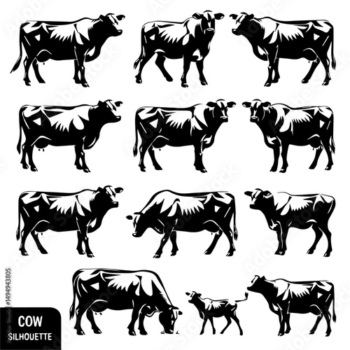 Set of black cow and calf silhouettes in various poses and profiles, isolated on white background. Ideal for farming, livestock, or agricultural design themes.