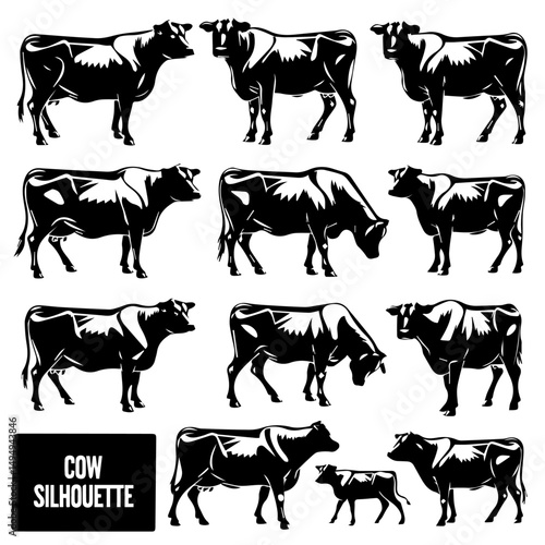 Set of black cow and calf silhouettes in various poses and profiles, isolated on white background. Ideal for farming, livestock, or agricultural design themes.