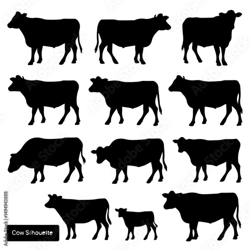 Set of black cow and calf silhouettes in various poses and profiles, isolated on white background. Ideal for farming, livestock, or agricultural design themes.