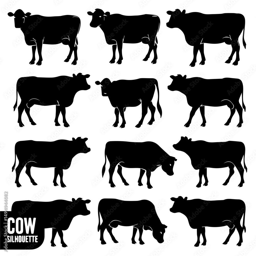 Fototapeta premium Set of black cow and calf silhouettes in various poses and profiles, isolated on white background. Ideal for farming, livestock, or agricultural design themes.