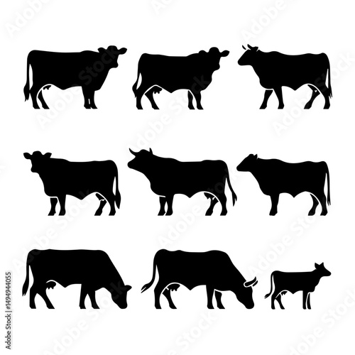 Set of black cow and calf silhouettes in various poses and profiles, isolated on white background. Ideal for farming, livestock, or agricultural design themes.
