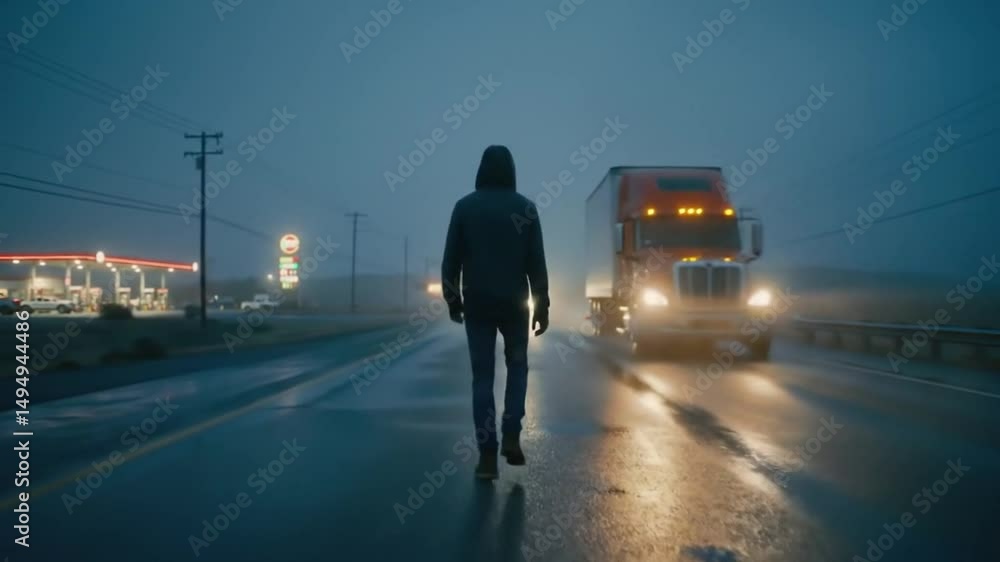 custom made wallpaper toronto digitalMan walking alone on wet road with truck approaching in foggy atmosphere