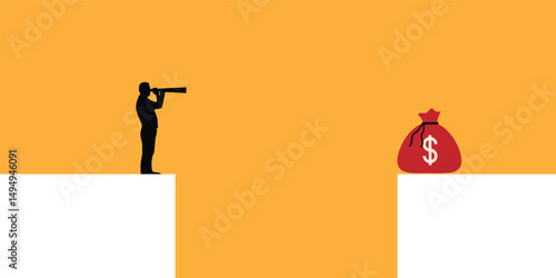 Business Man Looking at Money Bag with Spyglass over Distance. Finances, getting paid, earning profit and salary vector art. People and activities