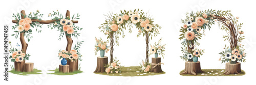 vector set of a rustic wedding arch made of two wooden branches adorned with soft peach and cream flowers