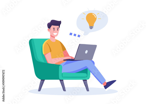 Work remotely concept. Vector cartoon illustration of a young man sitting in a chair with a laptop and coming up with new ideas.