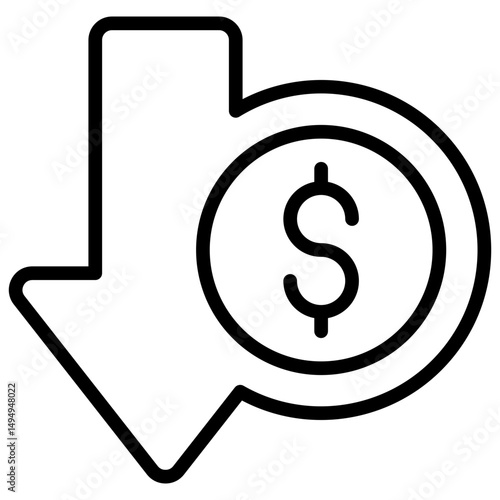 Cost Reduction - Outline Icon - Downward arrow with dollar — symbolizes reducing operational costs or expenses