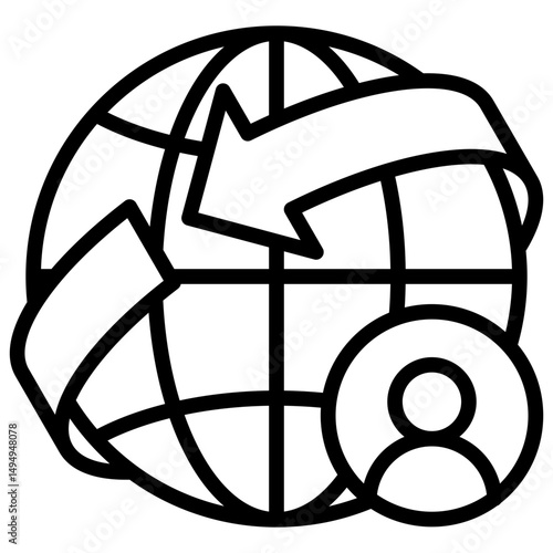 Global Reach - Outline Icon - globe with rotating arrows and a person symbolizing international business networking and outreach