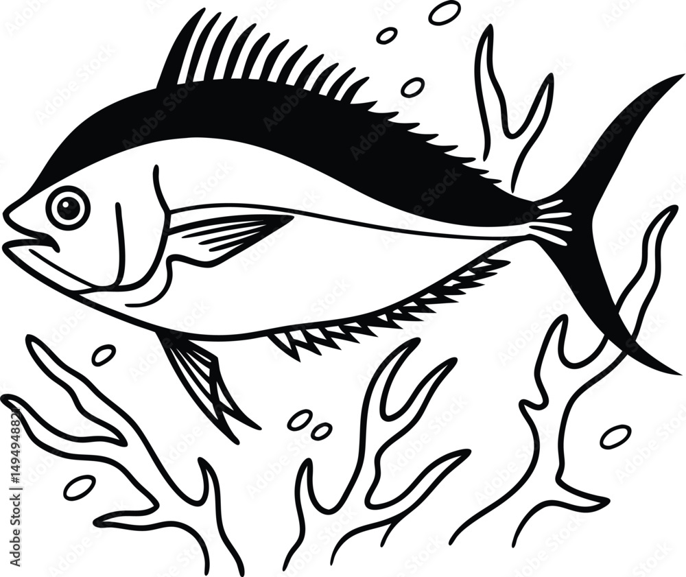 Obraz premium Black and White Tuna Illustration: A detailed illustration of a tuna swimming through a coral reef, captured in striking black and white tones. The intricate details of the fish's scales and fins.