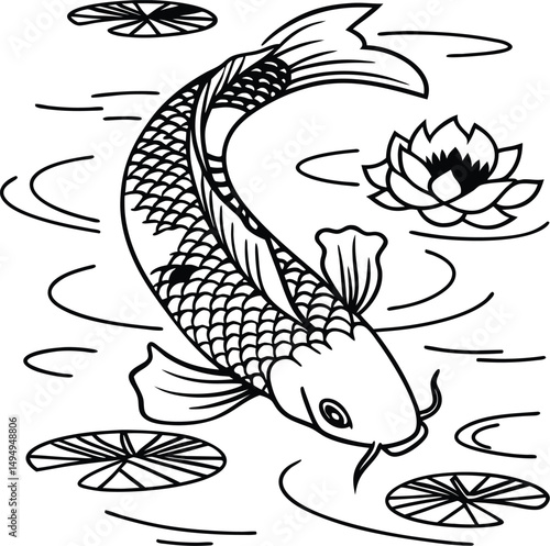 Serene Koi: A beautifully detailed illustration of a koi gracefully swims in a tranquil pond, surrounded by lily pads, evoking a sense of peace and serenity.