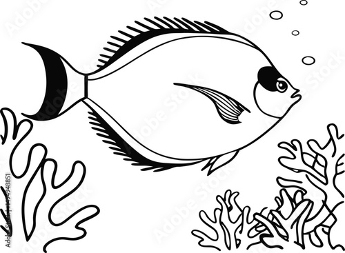 Marine Life Line Drawing: A monochrome illustration showcases an exotic fish swimming amidst stylized coral, with bubbles rising, capturing the underwater world's serenity and detail.