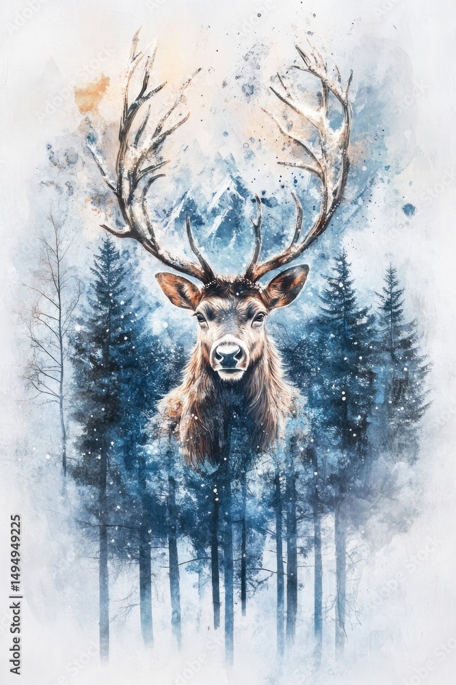 Majestic winter deer in a snowy forest