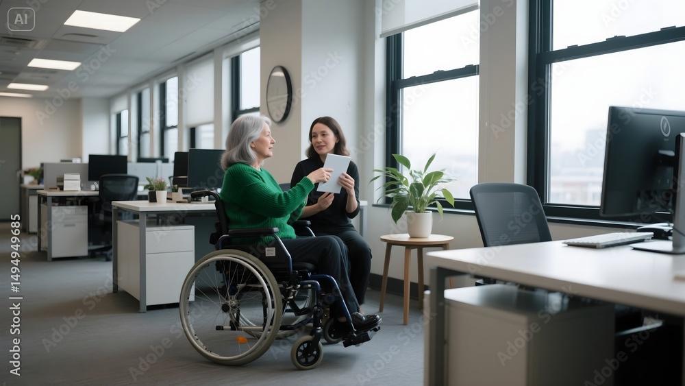 office, professional office environment, business setting, two people in wheelchairs, smiling, positive attitudes, windows, modern decor, collaborative workspace
office, professional office environment, business setting, two people in wheelchairs, smiling, positive attitudes, windows, modern decor, collaborative workspace