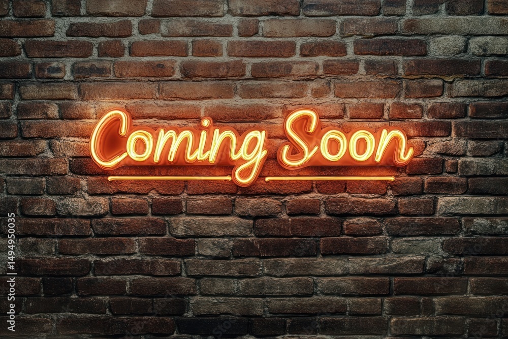Coming soon neon sign on brick wall