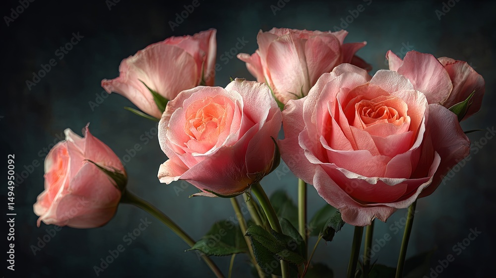 Obraz premium Romantic pink roses bouquet with soft vintage lighting and painterly style on dark moody background, emphasizing floral elegance, love, nostalgia, and fine art atmosphere.