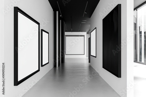 Obraz na płótnie Empty gallery hallway with black framed white canvases w salonie