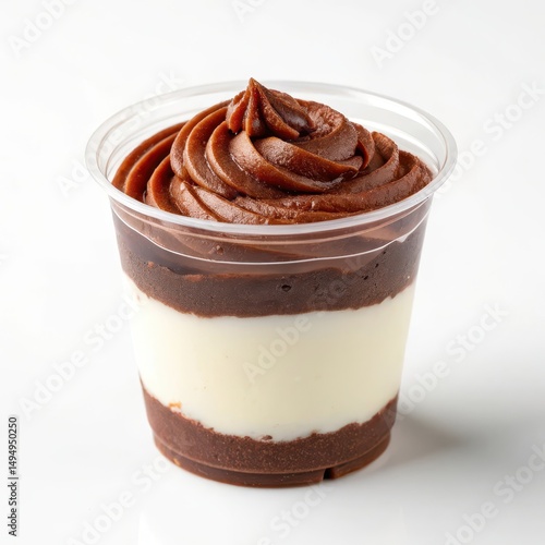 Creamy chocolate mousse served in a clear plastic cup with a spoon on side view captured in high contrast lighting
