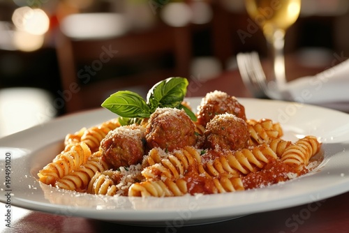 Obraz na płótnie Pasta with meatballs on a plate w salonie