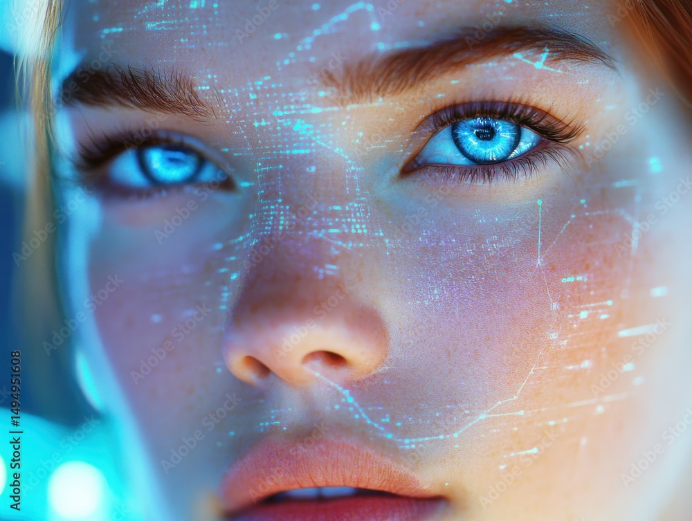 Glowing digital face of a woman