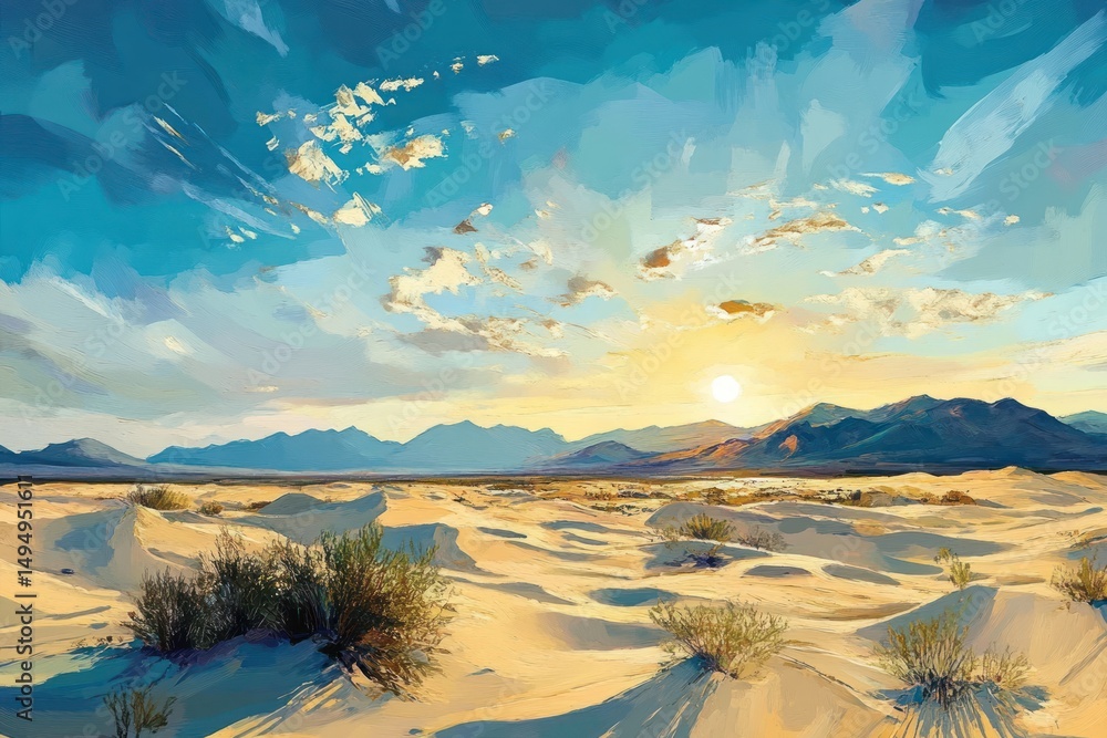 Desert sunrise over sand dunes