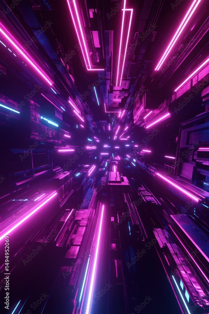 Neon lights in a futuristic tunnel geometric dark shapes