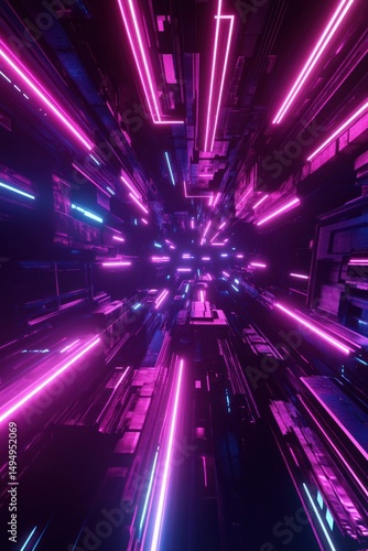 Obraz na płótnie Neon lights in a futuristic tunnel geometric dark shapes w salonie