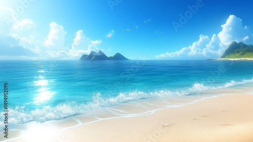 Tropical beach paradise idyllic scene turquoise ocean white sand blue sky