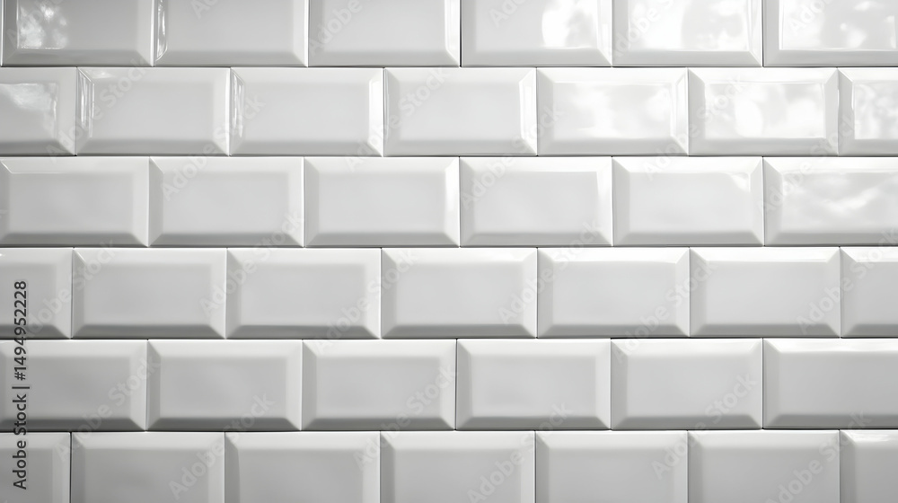 A pristine display of glossy white subway tiles arranged in a classic brickwork pattern design wall A pristine display of glossy white subway tiles arranged in a classic brickwork pattern design wall