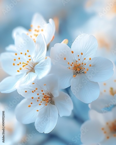 Macro of white cherry blossom with golden stamen on baby blue bokeh background Soft Floral Close-ups and Minimal Blooms Pastel Botanical Arrangements and Still Life