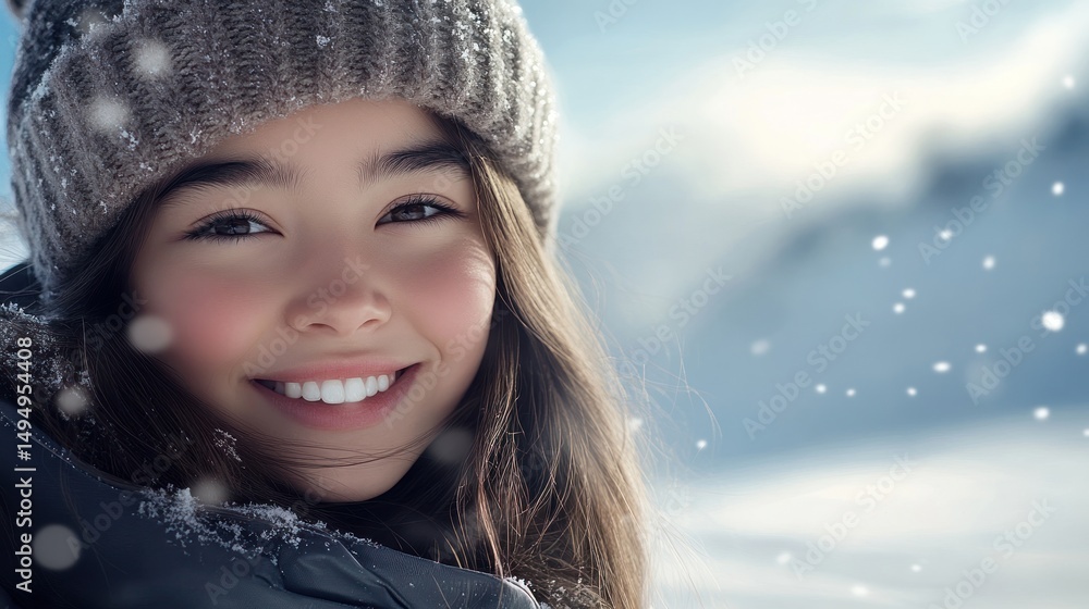Smiling girl in a winter hat snowy day outdoors